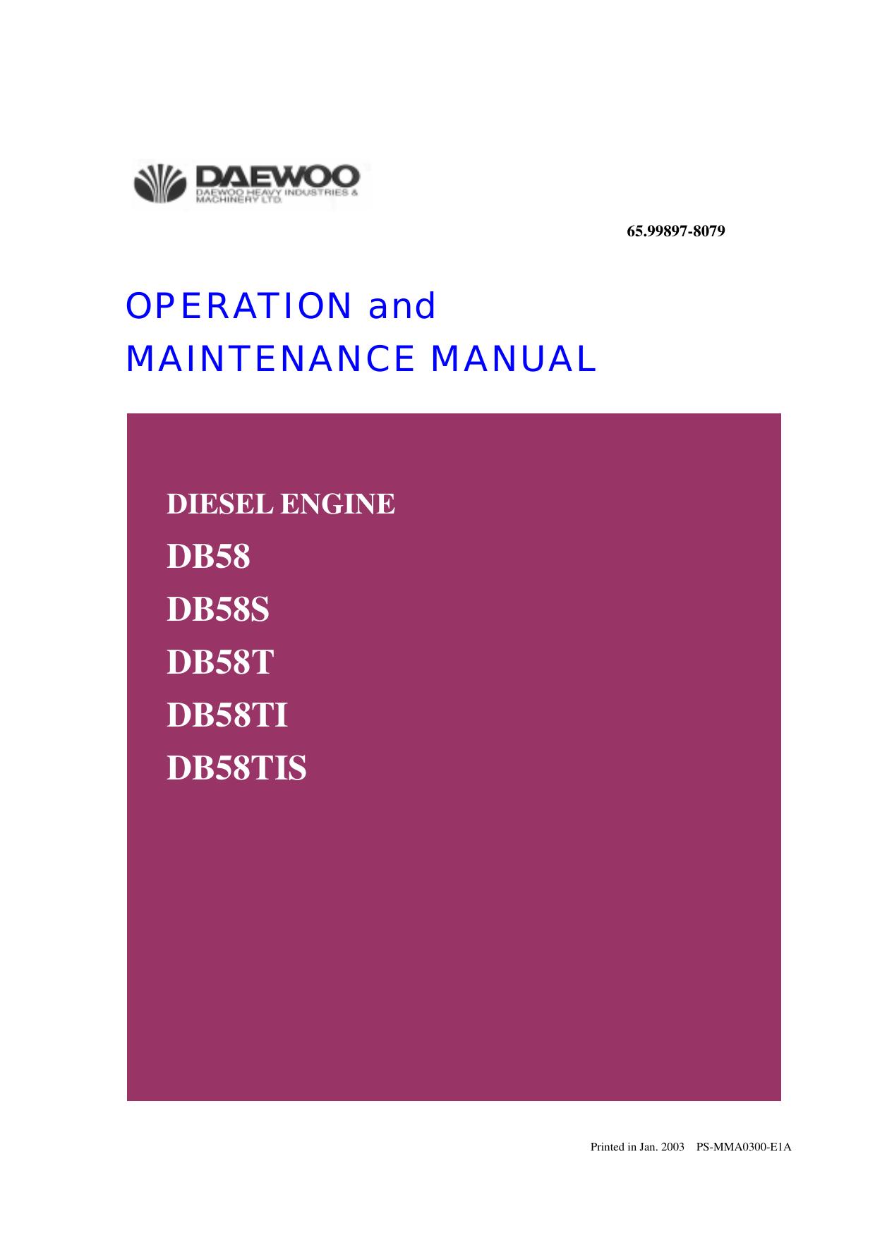 DB58 DB58S DB58T DB58TI DB58TIS Engine Operation and Maintenance Manual Daewoo Doosan